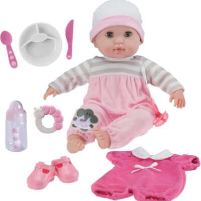 JC Toys 15" Soft Body Berenguer Boutique Baby Doll Gift Set- 10 Piece, Open/Close Eyes in Pink outfit