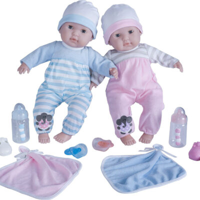 JC Toys 15" Soft Body Berenguer Boutique Baby Doll Boy and Girl TWINS- 10 Piece Gift Set, Open/Close Eyes